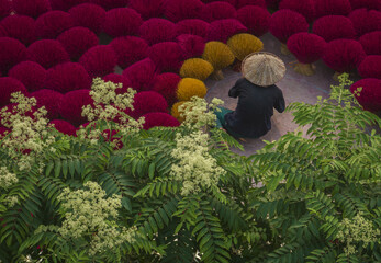 Aerial view of a person in a conical hat amidst vibrant red and yellow incense sticks, a fragrant tapestry under the Vietnamese sun, Hanoi, Hanoi, Vietnam.