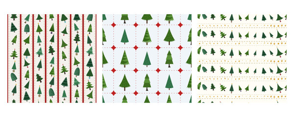 Seamless pattern Christmas trees and angels set. Wallpaper and wrapping paper design vector illustration