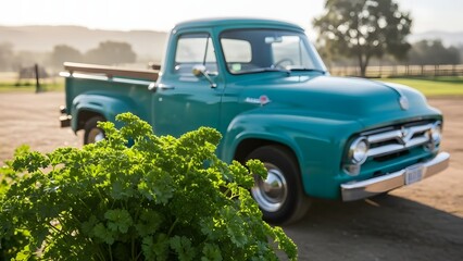 Classic Teal Pickup Truck Parked on Rural Road Beside Lush Greenery