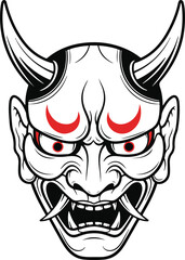 Fototapeta premium A menacing Oni demon mask with curved horns, glowing red eyes, and sharp fangs, intense and powerful vector illustration