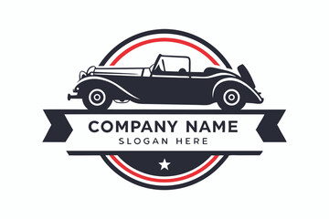 Obraz premium Vintage Classic Car Silhouette, Emblem, Decorative Circle, Company Ribbon, Retro Vehicle