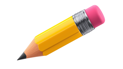 Yellow 3D pencil with pink eraser for education and creative writing design concepts.

