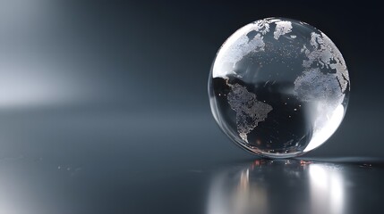 Crystalline sphere representing the planet earth rests upon a reflective surface in a dark setting
