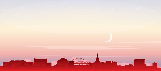 Red panoramic poster of the city skyline with misty background buildings, sunrise, moon and clouds of NEWCASTLE, UNITED KINGDOM