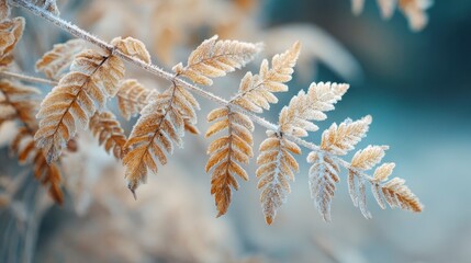 Naklejka premium Close-up view of a frosted plant, showcasing delicate, feathery leaves covered in a layer of ice crystals with a blurred, bluish background