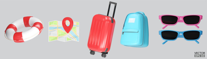 3D Realistic summer and travel tourism icons set. Luggage, sunglasses, lifebuoy, suitcases,map pin, travel bags 3D vector illustration.