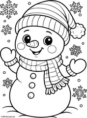 Cute happy snowman wearing hat and scarf with snowflakes line art for children coloring book, winter holiday outline vector illustration, festive seasonal doodle