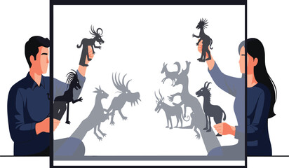 Illustration of two people performing shadow puppet show with creative animal figures, storytelling art and imaginative play using hand puppets
