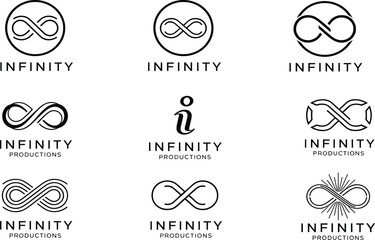 Infinity logo design collection, modern minimal black symbol set, abstract loop icons, branding concepts, creative production logo templates