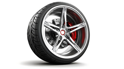 Fototapeta premium A modern car tire and alloy wheel isolated on a solid color background