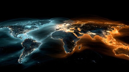 Illuminated global map depicts contrasting energy flows across continents at night