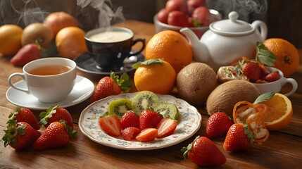 Healthy Breakfast with Fresh Strawberries Kiwi Oranges and Hot Tea on Wooden Table - Vitamin Rich
