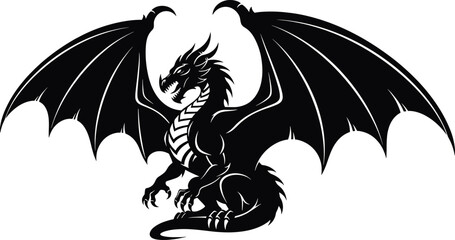 Black dragon with wings spread mythical creature fantasy dragon, black, wings, mythical creature, fantasy, silhouette, claws, scales, mythology, legend, creature, beast, monster, white background, spr