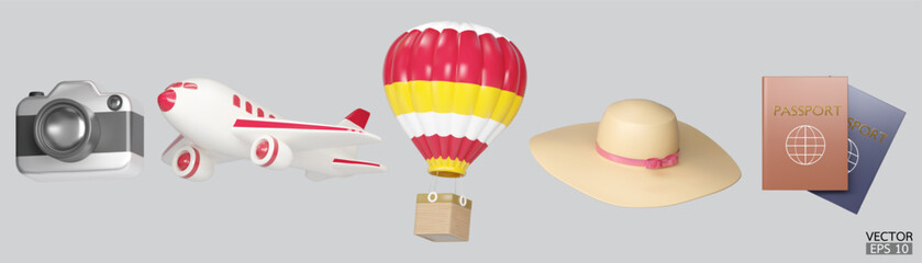 3D Realistic summer and travel tourism icons set. Camera, airplane, balloon, passport, hat.  3D vector illustration.