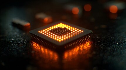 Integrated circuit glowing with intense internal orange illumination rests on a textured dark surface