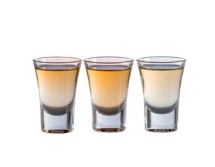 Three shot glasses filled with layered colorful beverages arranged in a row on a transparent background