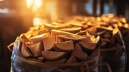 Bundled dry firewood logs in warm golden sunlight ready for winter heating and burning
