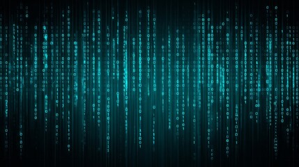 Digital streams of glowing turquoise binary code cascade vertically against a dark background