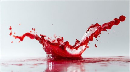 Close-up view of a vibrant red liquid, creating a splash with intricate shapes and dynamic motion against a neutral background