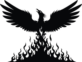 Obraz premium Black silhouette of a phoenix rising from flames bird phoenix, bird, silhouette, black, flames, fire, rising, mythical, wings, beak, feathers, symbol, white background, spread, white, background, styl