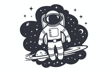 Monochrome Astronaut Floating in Space, Planets and Stars Silhouette