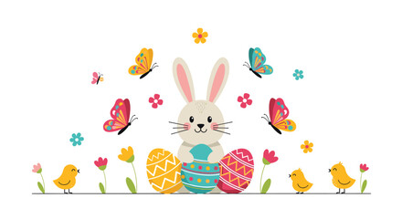Happy Easter scene with a cute bunny holding decorated eggs surrounded by chicks butterflies and flowers on white background.