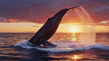 Dolphin jumping out of the ocean at sunset with waves and water splash