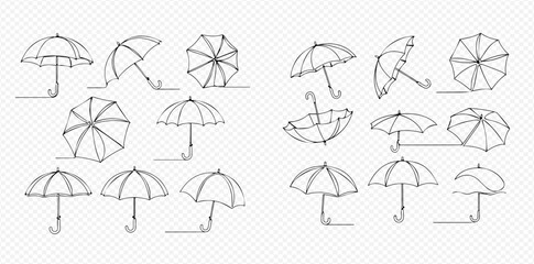 Set of Hand-Drawn Umbrella Sketches in Various Poses and Perspectives, Isolated on Transparent Background.