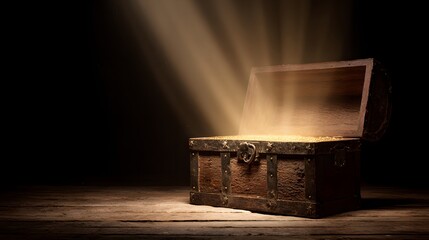 Ancient wooden container overflows with brilliant golden light emanating upwards against a dark backdrop