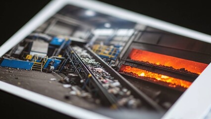 photograph of industrial waste incineration plant for environmental education, green energy websites, and waste management brochures, on a blurred background