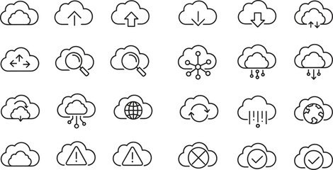 Modern technology cloud computing icon set representing data storage and internet services with various functions