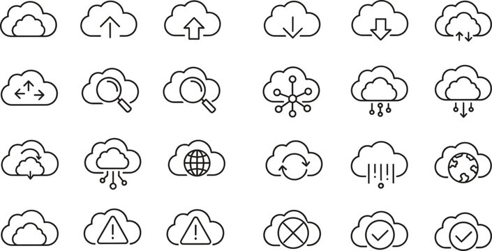 Modern technology cloud computing icon set representing data storage and internet services with various functions - Powered by Adobe