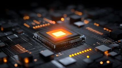 Glowing central processing component illuminates complex dark electronic circuitry