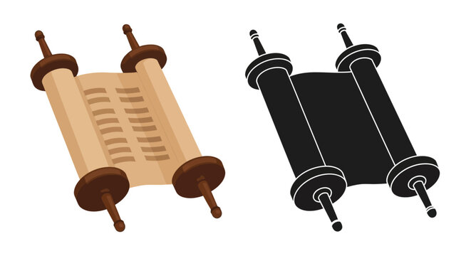 Two depictions of ancient scrolls with wooden handles one in color and one monochrome