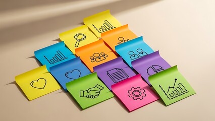 A collection of colorful sticky notes with various icons and symbols arranged in a triangular formation on a beige surface