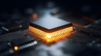 Integrated circuit component glows brightly with internal heat on a dark electronic substrate
