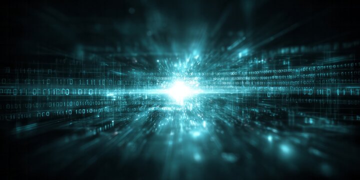 Digital information streams converge into a bright central light source in a dark environment. - Powered by Adobe