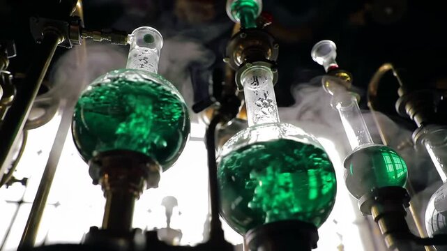 Emerald potion in glass beakers with steam. Science, Chemistry, liquid.