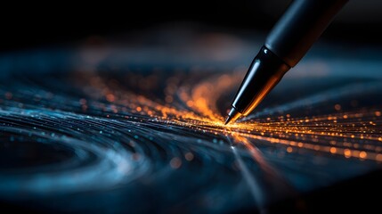 Digital stylus tip illuminates swirling lines of light on a dark surface