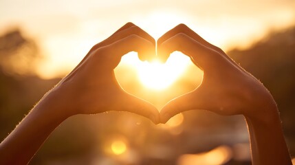 Two hands form a heart shape silhouetted against a bright setting sun outdoors
