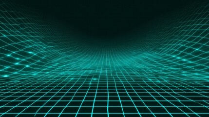 Fluorescent grid surface extends into a dark digital void with undulating geometry