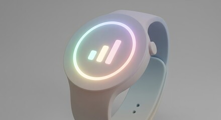 Close-up of a futuristic smart wristband with a glowing signal strength indicator.