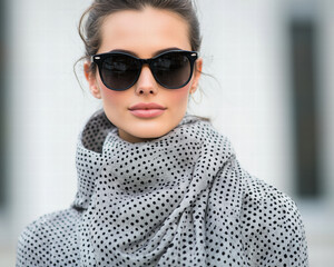 Naklejka premium Confident young woman wearing retro black sunglasses and grey polka dot scarf poses outdoor for winter fashion portrait with cool elegant style