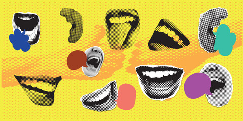 Halftone Collage Mouths with Speech Bubble Messages, Dotted Pop Art Dialogue Balloons, Crumpled Paper Texture, Modern Retro Urban Business Communication Vector Illustration