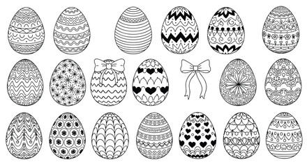 A detailed collection of easter eggs with various intricate patterns for a creative and relaxing adult coloring page activity.