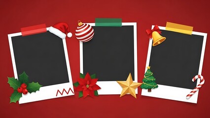 A festive arrangement of three blank photo frames for christmas memories