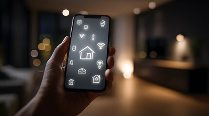 Person holding modern communication device displaying illuminated graphical interface for dwelling automation system