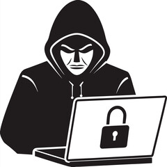 Hooded Figure with Laptop, Padlock on Screen, Silhouette Style, Black and White