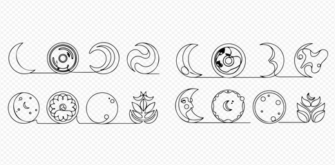 Continuous line art of various celestial and nature-inspired symbols, including moons, stars, and leaves, in a minimalist style.