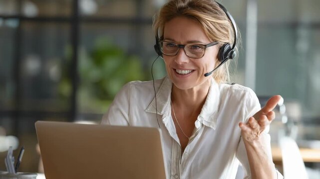 Manager conducting a virtual call with clients focusing on rapportbuilding and personalized service through digital CRM tools.
